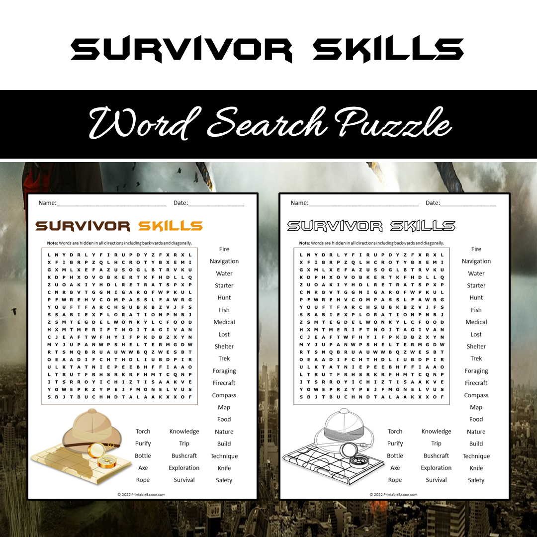 Survivor Skills Word Search Puzzle Worksheet PDF – PrintableBazaar