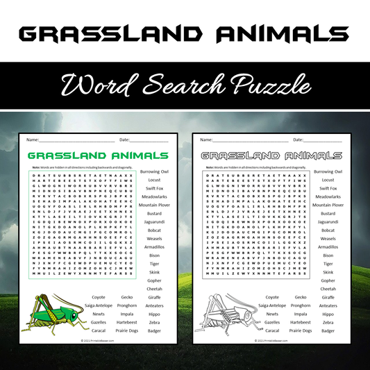 Grassland Animals Word Search Puzzle Worksheet PDF