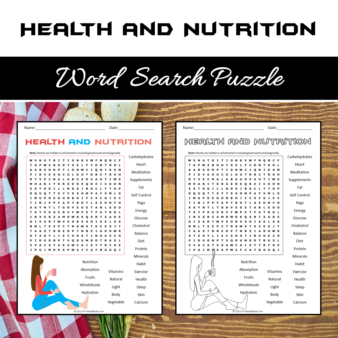Health And Nutrition Word Search Puzzle Worksheet PDF