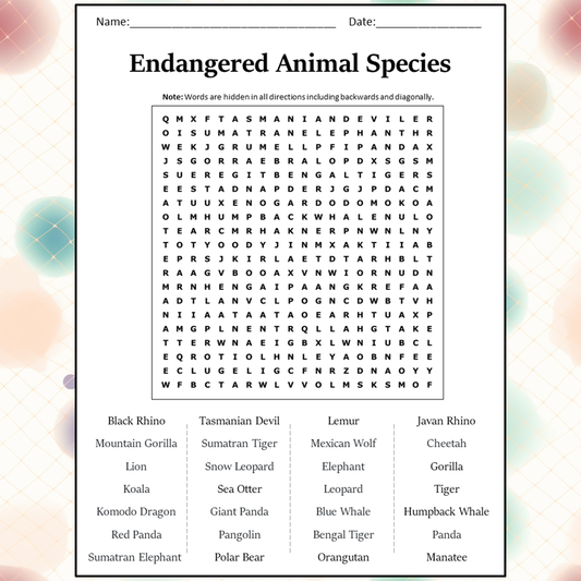 Endangered Animal Species Word Search Puzzle Worksheet Activity PDF