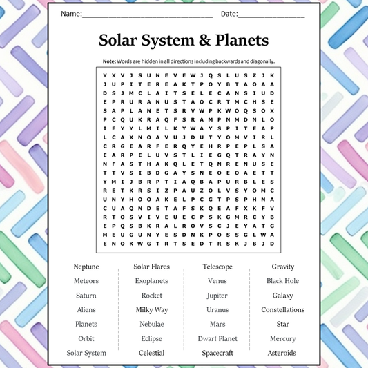 Solar System & Planets Word Search Puzzle Worksheet Activity PDF