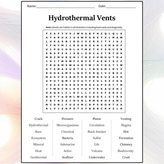 Hydrothermal Vents Word Search Puzzle Worksheet Activity PDF