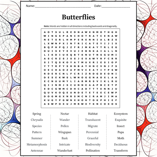 Butterflies Word Search Puzzle Worksheet Activity PDF