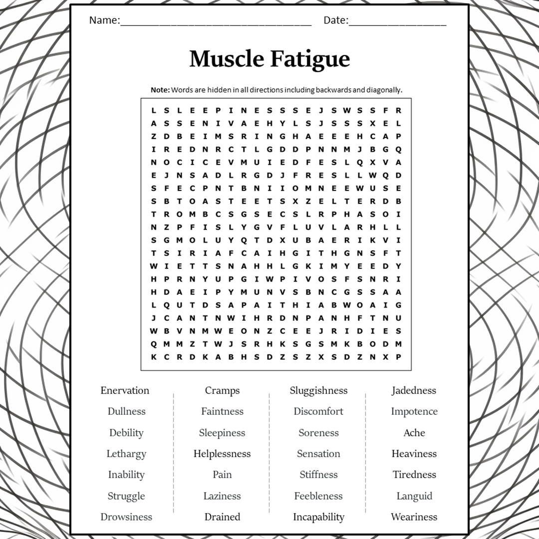 Muscle Fatigue Word Search Puzzle Worksheet Activity PDF