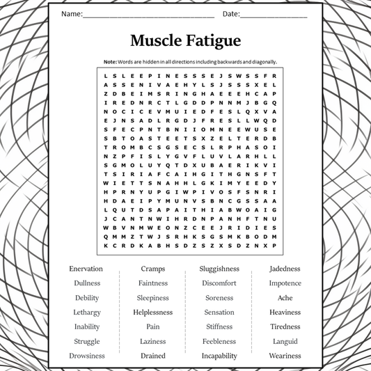 Muscle Fatigue Word Search Puzzle Worksheet Activity PDF