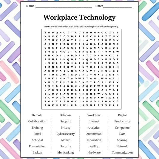 Workplace Technology Word Search Puzzle Worksheet Activity PDF