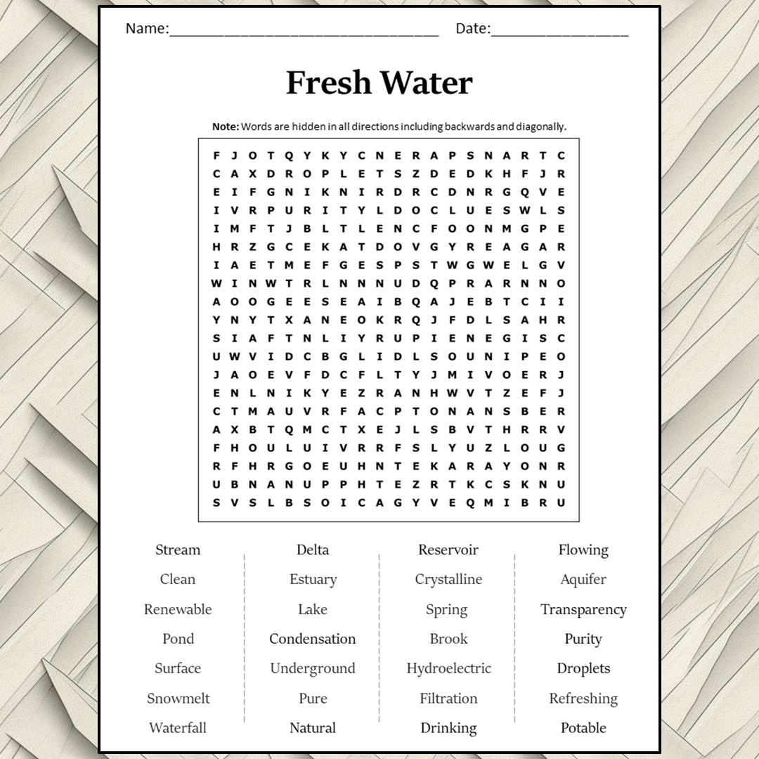 Fresh Water Word Search Puzzle Worksheet Activity PDF