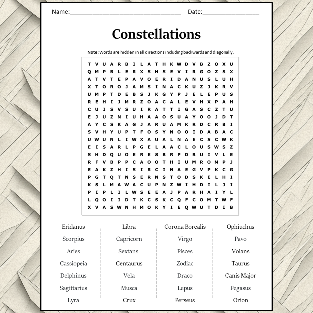 Constellations Word Search Puzzle Worksheet Activity PDF