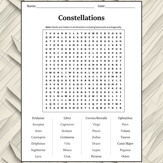 Constellations Word Search Puzzle Worksheet Activity PDF