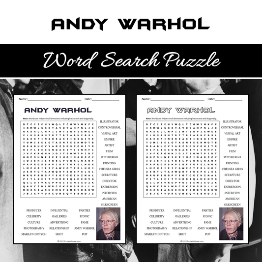 Andy Warhol Word Search Puzzle Worksheet PDF