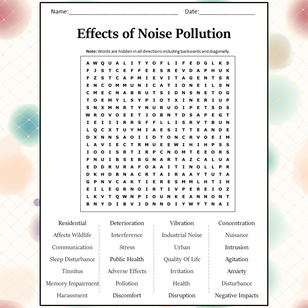 Effects Of Noise Pollution Word Search Puzzle Worksheet Activity PDF