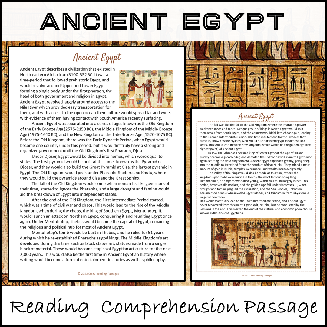 Ancient Egypt Reading Comprehension Passage And Questions | Printable ...