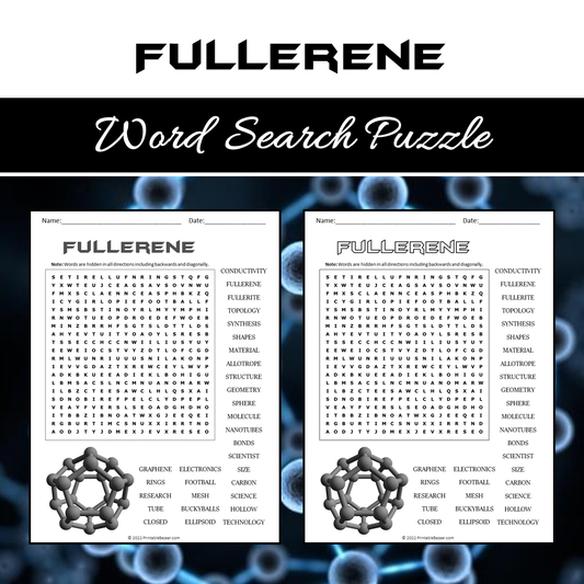 Fullerene Word Search Puzzle Worksheet PDF