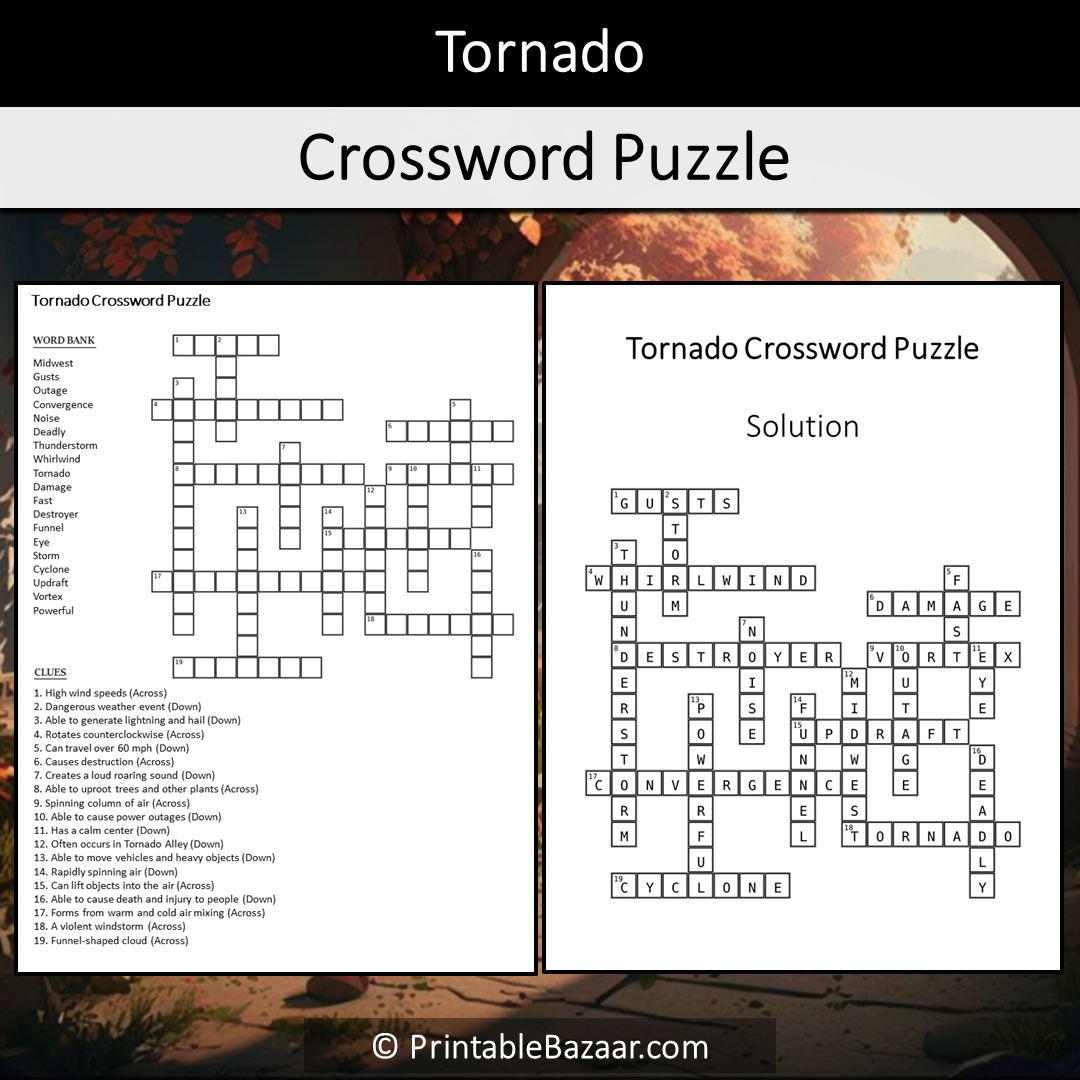 Tornado Crossword Puzzle Worksheet Activity Printable PDF