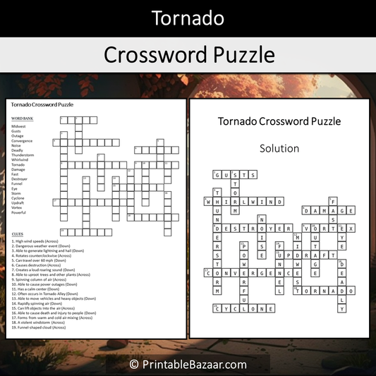 Tornado Crossword Puzzle Worksheet Activity Printable PDF