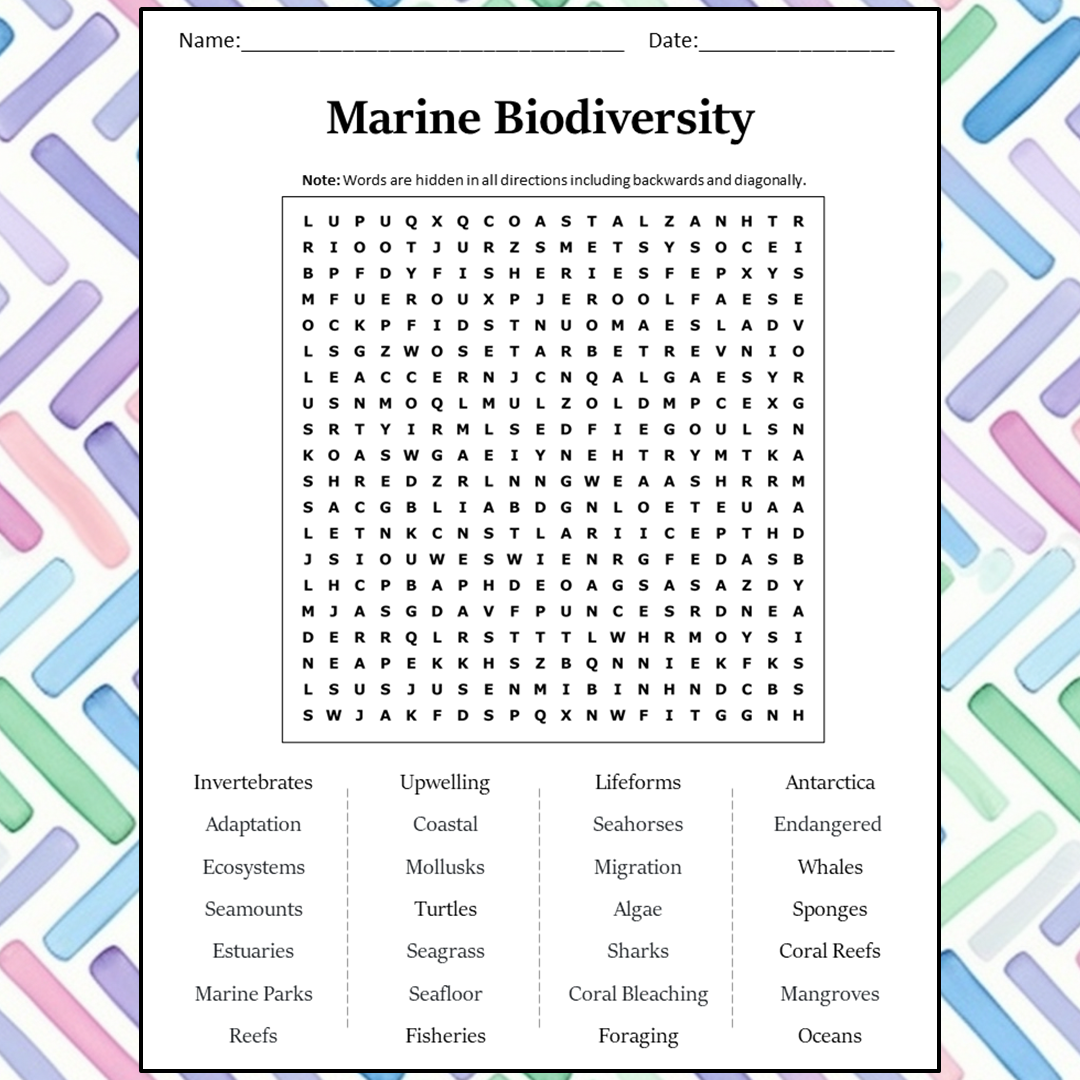 Marine Biodiversity Word Search Puzzle Worksheet Activity PDF