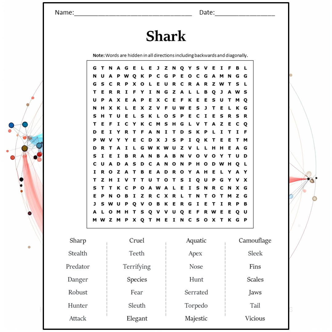 Shark Word Search Puzzle Worksheet Activity PDF