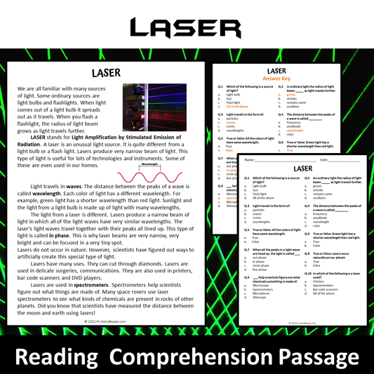 Laser Reading Comprehension Passage and Questions | Printable PDF