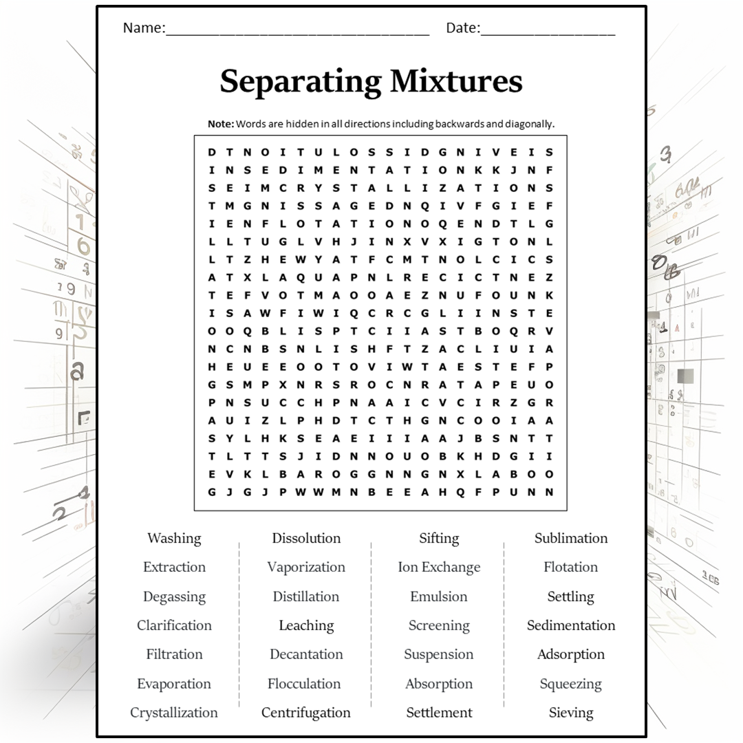 Separating Mixtures Word Search Puzzle Worksheet Activity PDF