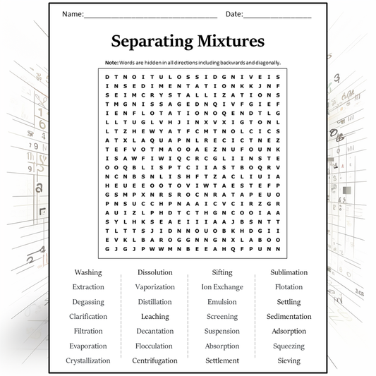 Separating Mixtures Word Search Puzzle Worksheet Activity PDF