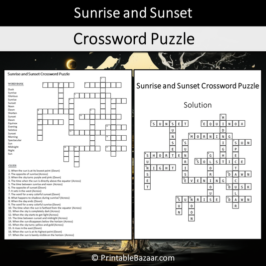 Sunrise And Sunset Crossword Puzzle Worksheet Activity Printable PDF