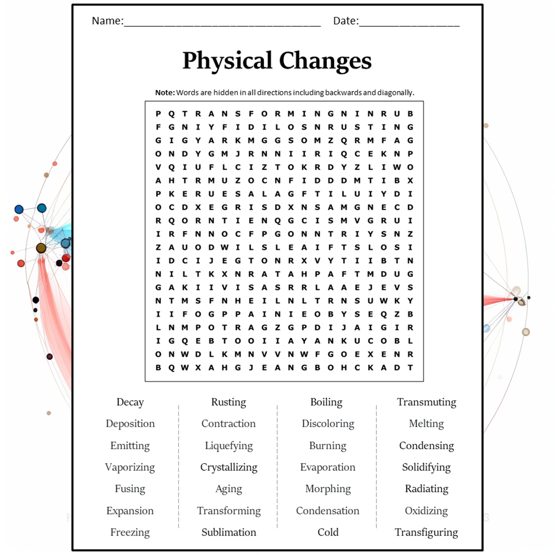 Physical Changes Word Search Puzzle Worksheet Activity PDF