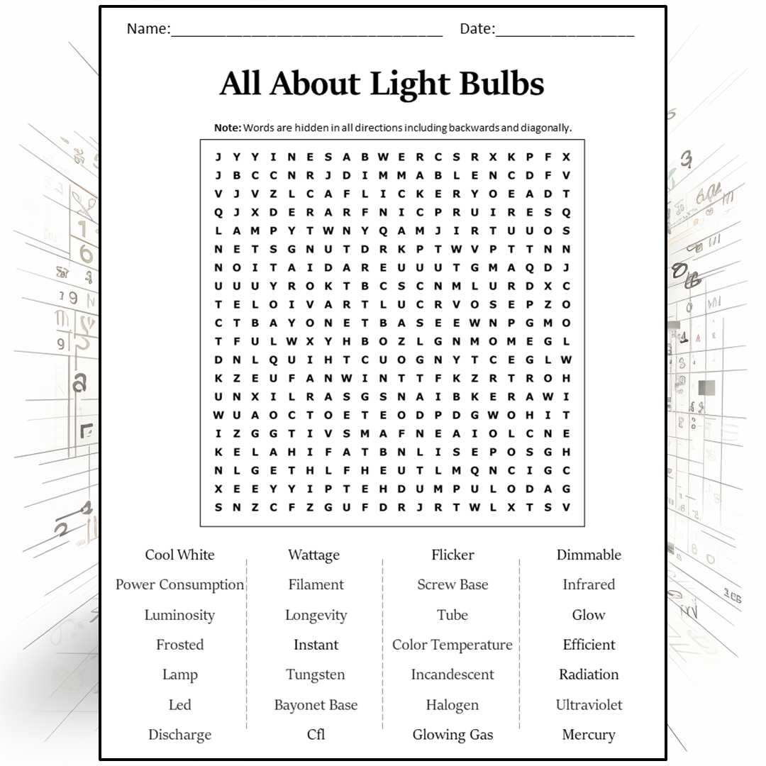 All About Light Bulbs Word Search Puzzle Worksheet Activity PDF