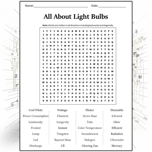 All About Light Bulbs Word Search Puzzle Worksheet Activity PDF