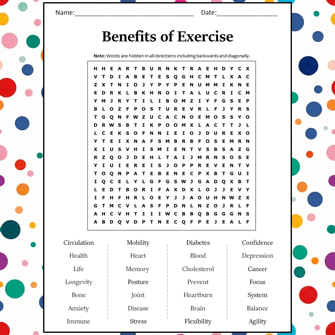 Benefits Of Exercise Word Search Puzzle Worksheet Activity PDF