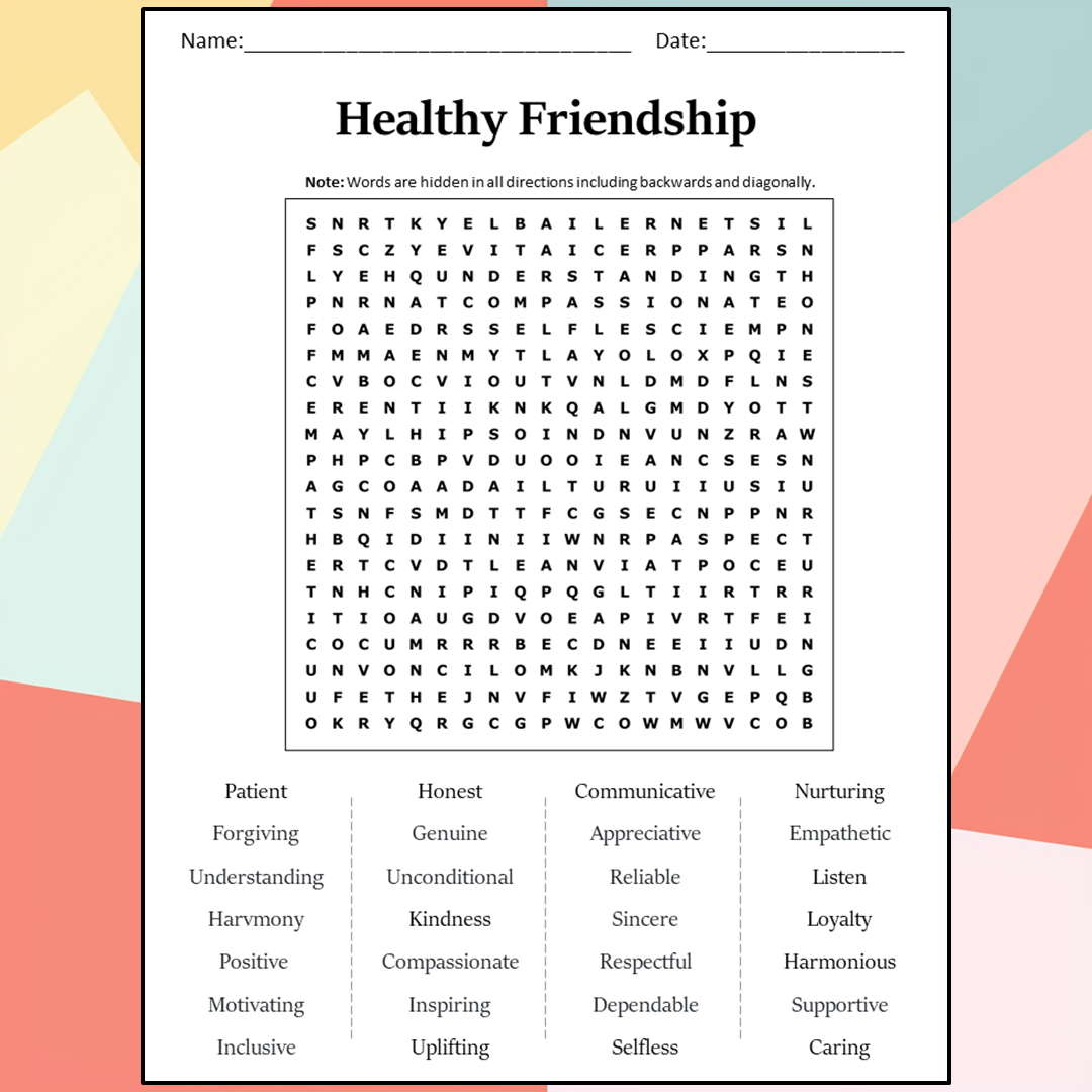 Healthy Friendship Word Search Puzzle Worksheet Activity PDF