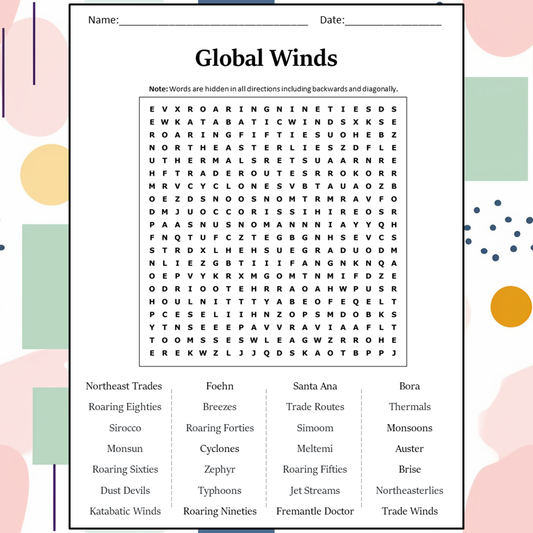 Global Winds Word Search Puzzle Worksheet Activity PDF