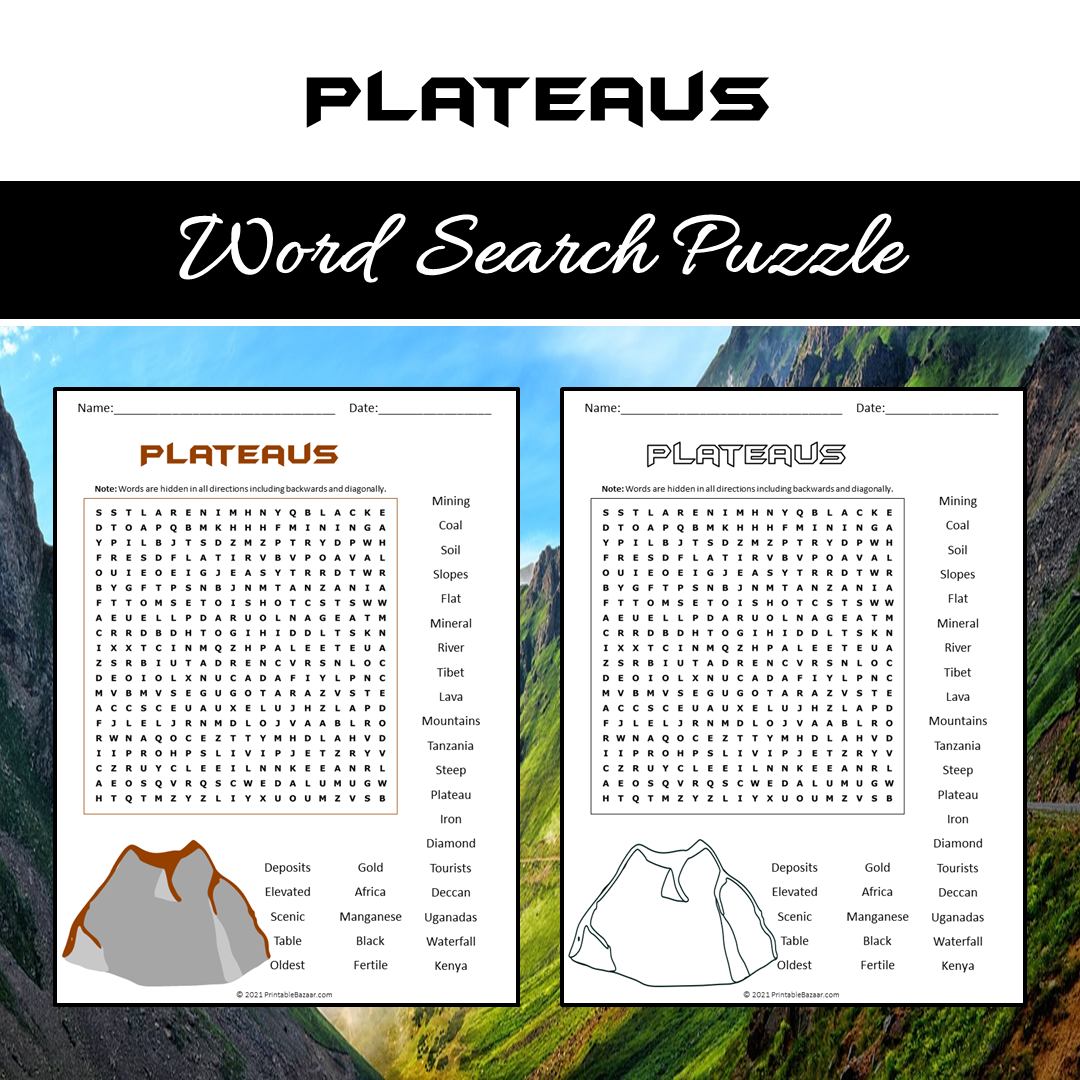 Plateaus Word Search Puzzle Worksheet PDF – PrintableBazaar