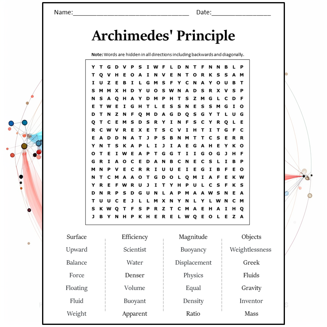 Archimedes' Principle Word Search Puzzle Worksheet Activity PDF