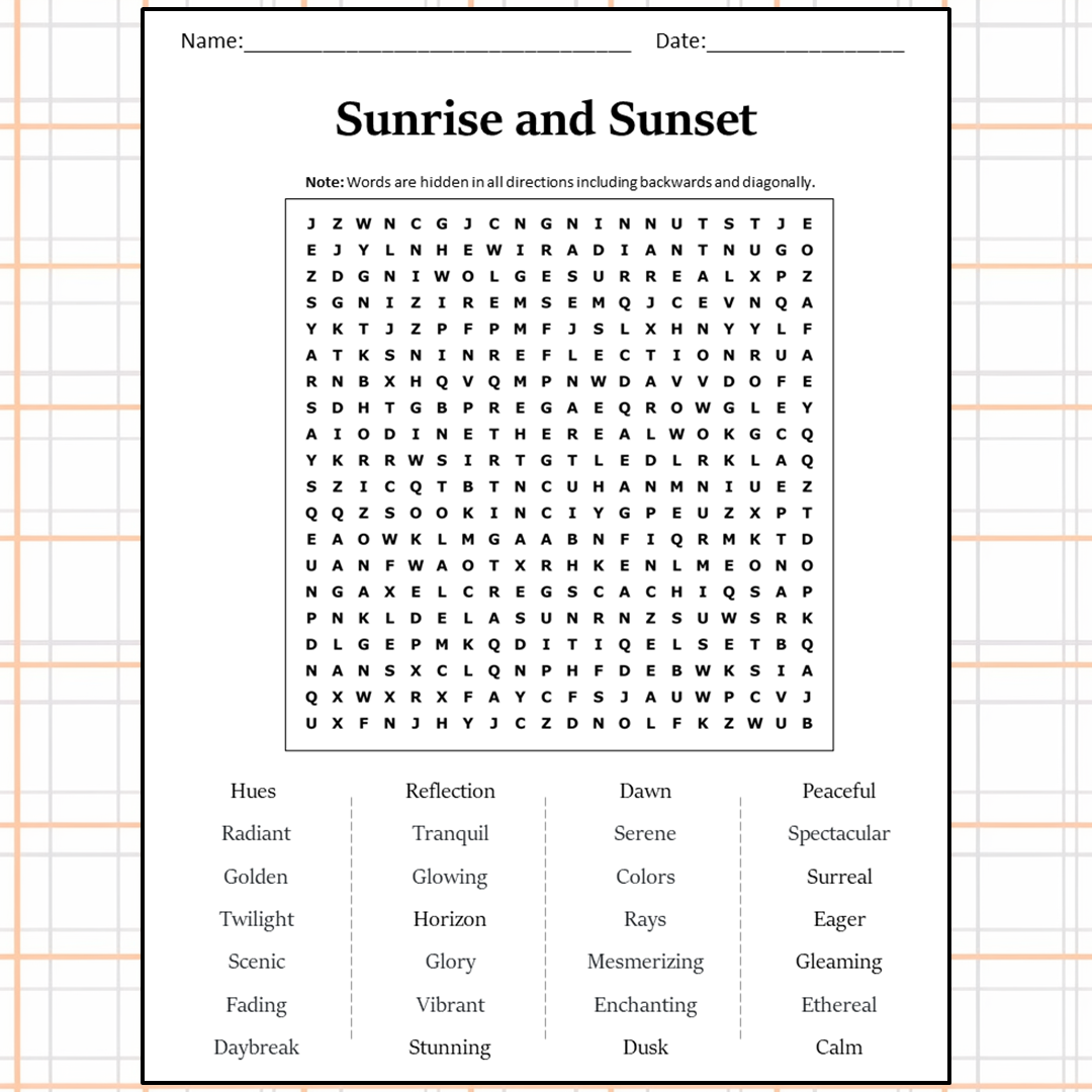 Sunrise And Sunset Word Search Puzzle Worksheet Activity PDF