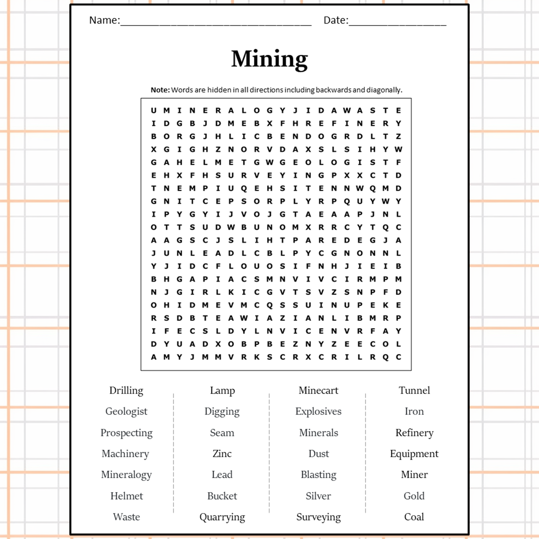 Mining Word Search Puzzle Worksheet Activity PDF