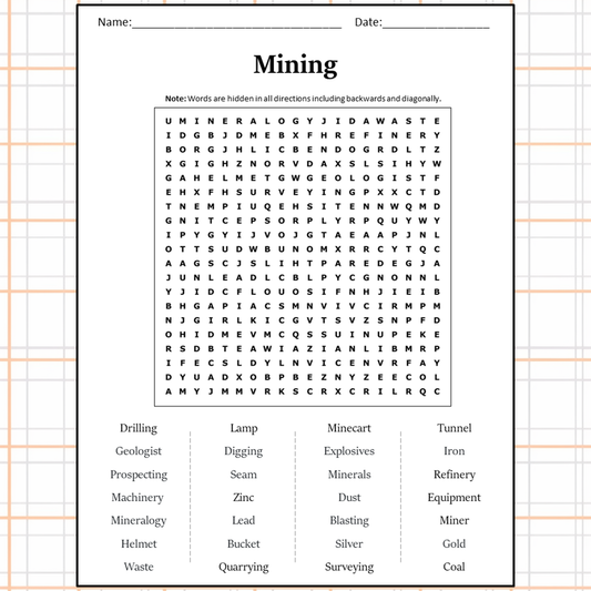 Mining Word Search Puzzle Worksheet Activity PDF