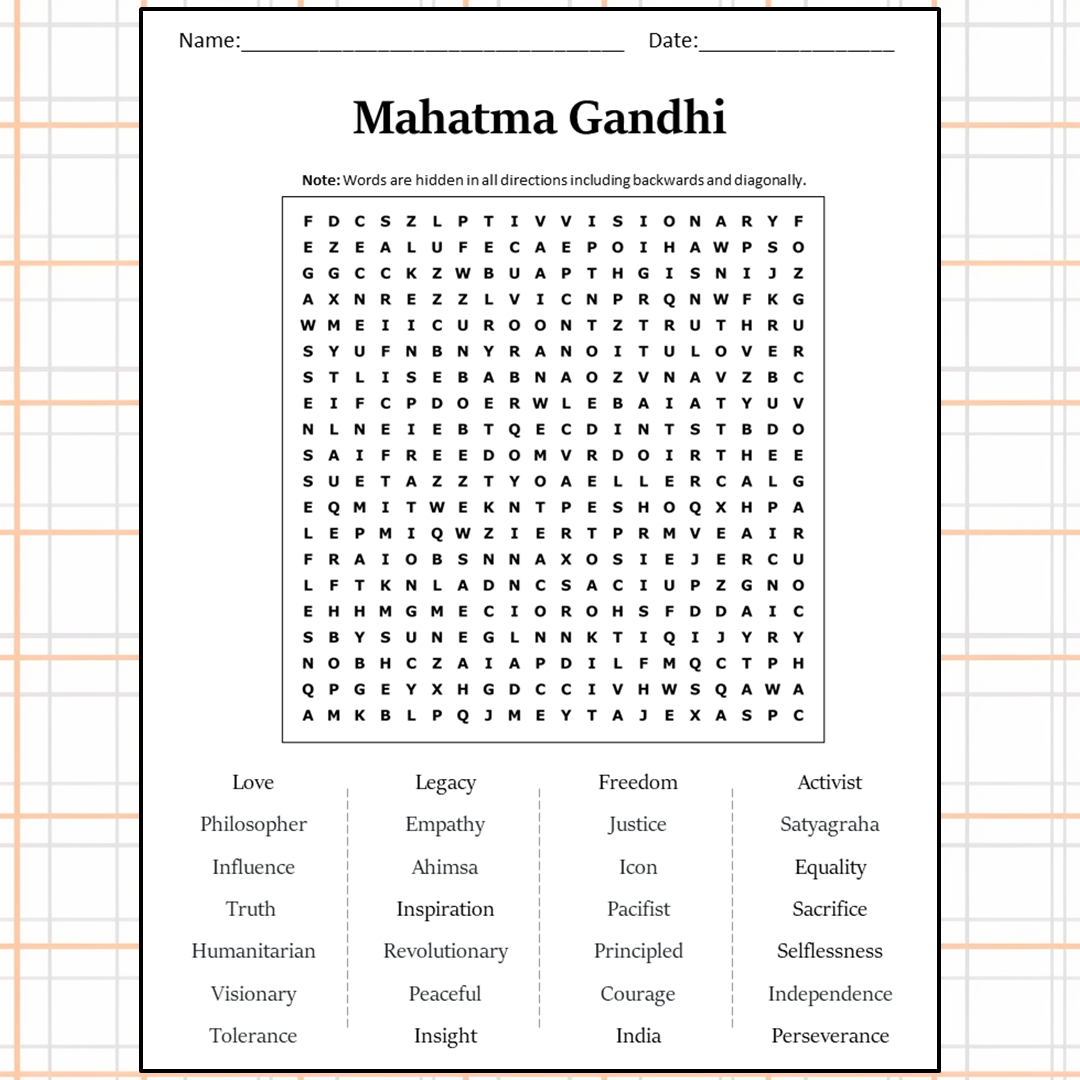 Mahatma Gandhi Word Search Puzzle Worksheet Activity PDF – PrintableBazaar