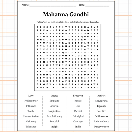 Mahatma Gandhi Word Search Puzzle Worksheet Activity PDF