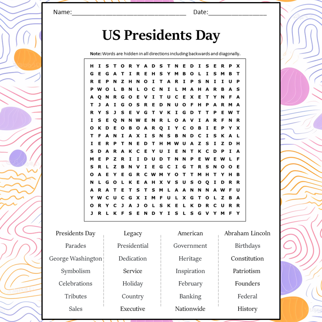Us Presidents Day Word Search Puzzle Worksheet Activity PDF