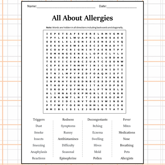 All About Allergies Word Search Puzzle Worksheet Activity PDF