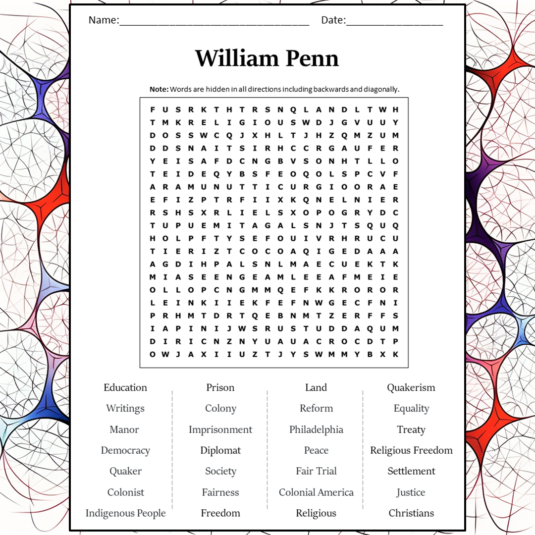 William Penn Word Search Puzzle Worksheet Activity PDF