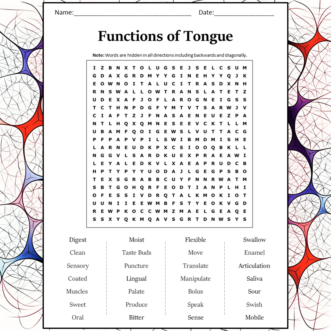 Functions Of Tongue Word Search Puzzle Worksheet Activity PDF