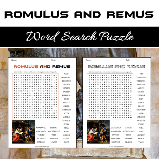 Romulus And Remus Word Search Puzzle Worksheet PDF