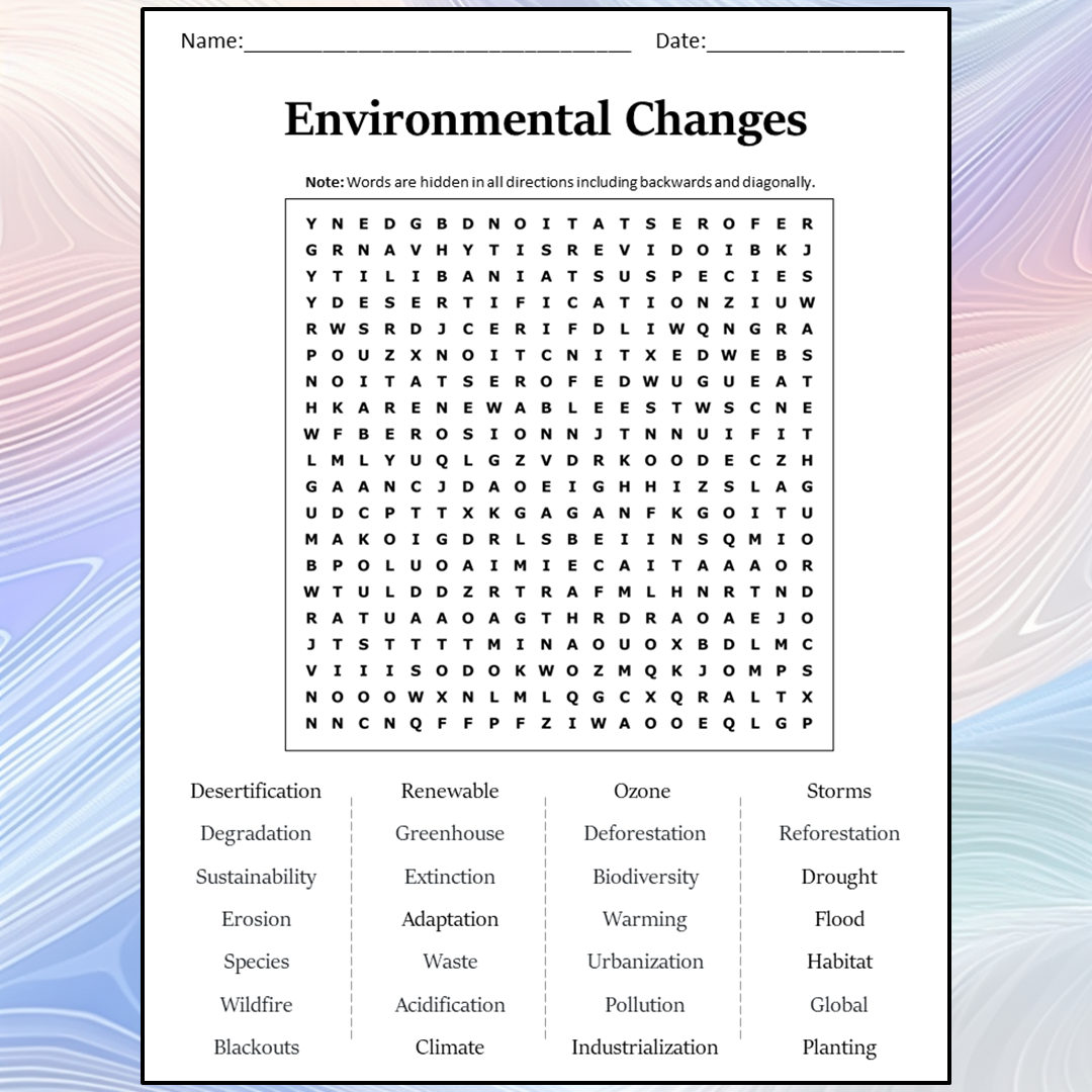 Environmental Changes Word Search Puzzle Worksheet Activity PDF