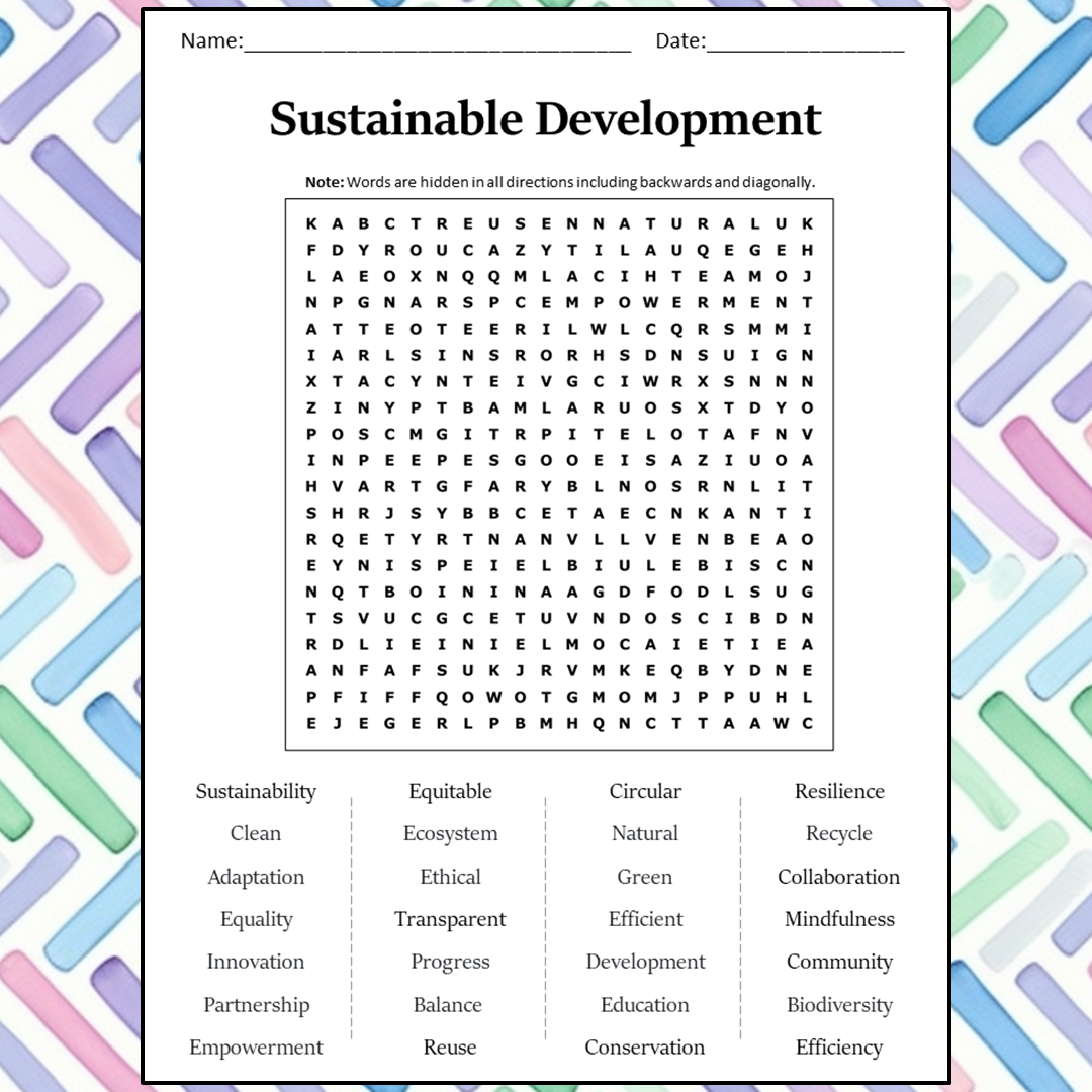 Sustainable Development Word Search Puzzle Worksheet Activity PDF