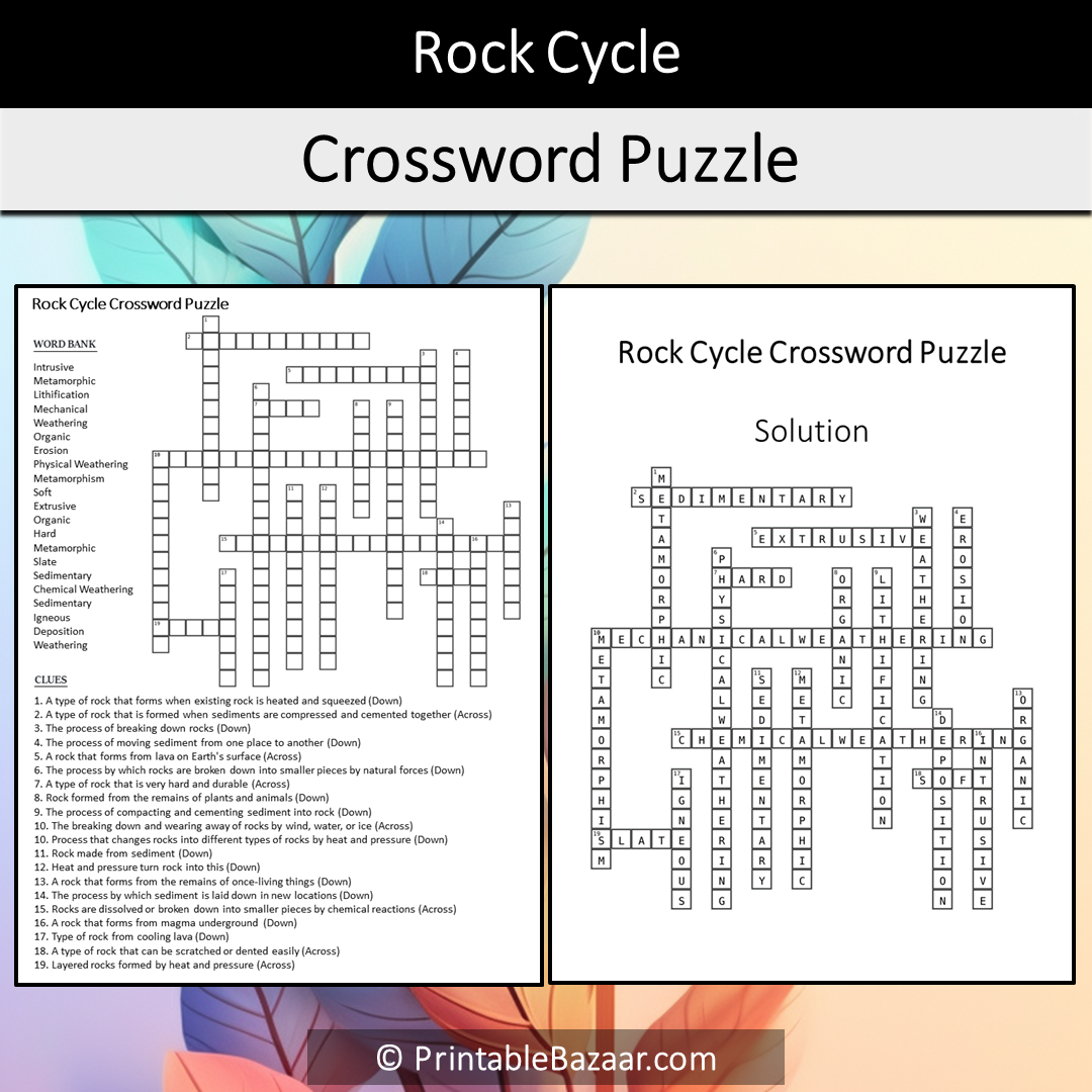 Rock Cycle Crossword Puzzle Worksheet Activity Printable PDF