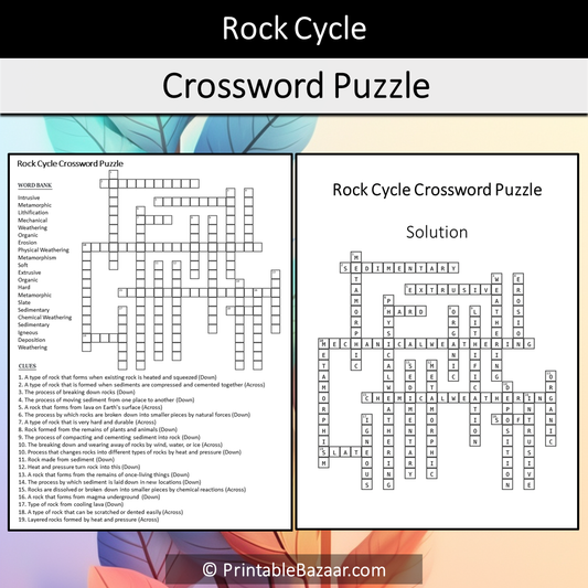 Rock Cycle Crossword Puzzle Worksheet Activity Printable PDF