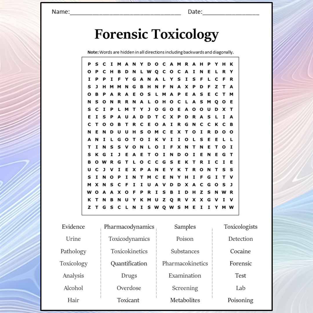Forensic Toxicology Word Search Puzzle Worksheet Activity PDF