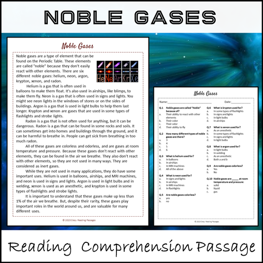 Noble Gases Reading Comprehension Passage and Questions | Printable PDF