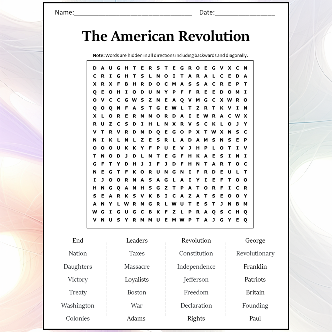 The American Revolution Word Search Puzzle Worksheet Activity PDF